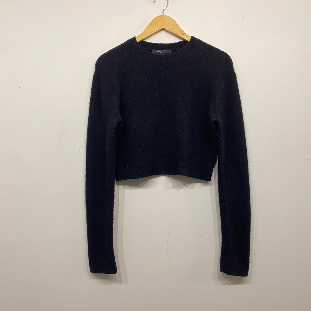 AllSaints Womens Black Cropped Knit Crew Neck Long Sleeve Sweater Small